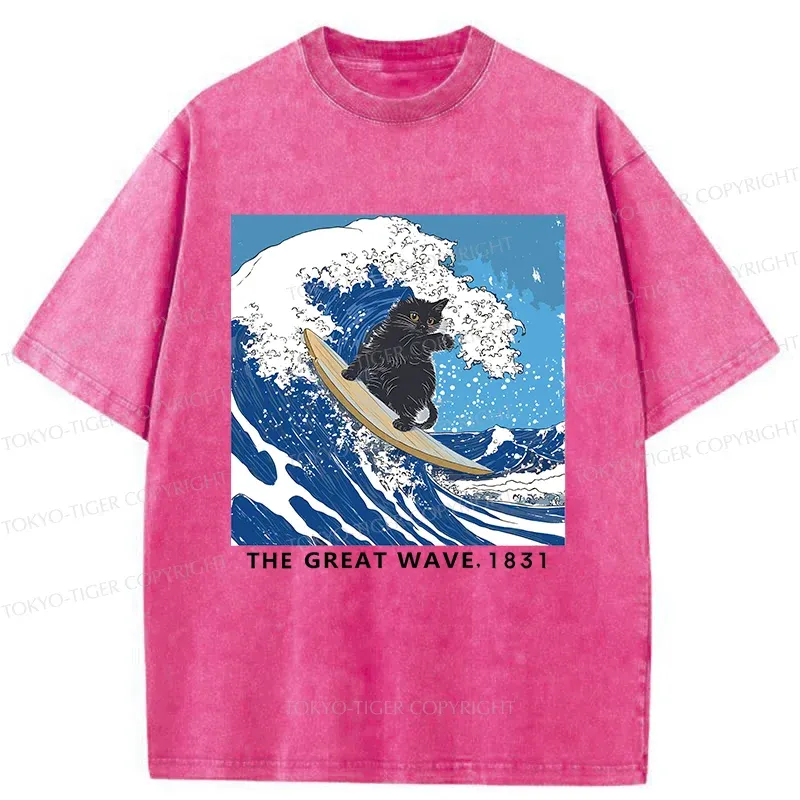 Tokyo-Tiger Cat Surfing Funny Washed T-Shirt