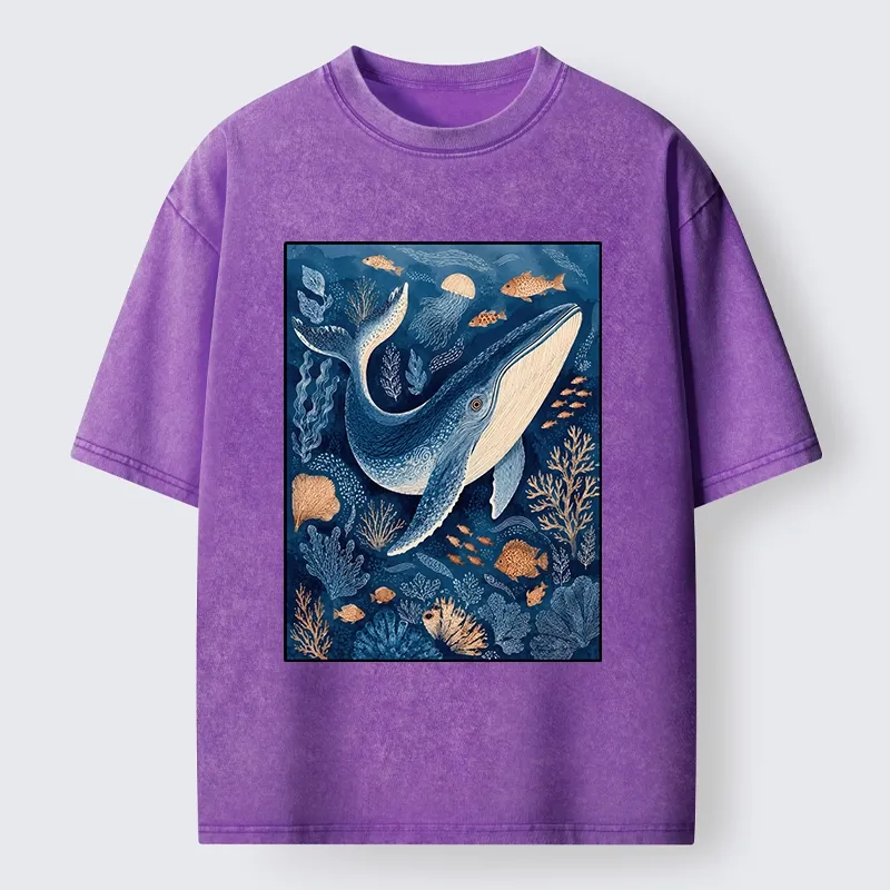 Tokyo-Tiger Blue Whale Under The Sea Washed T-Shirt
