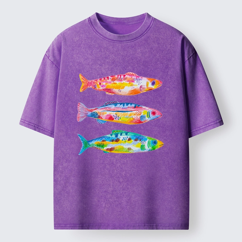 Tokyo-Tiger Colorful Hand Drawn Fish Washed T-Shirt