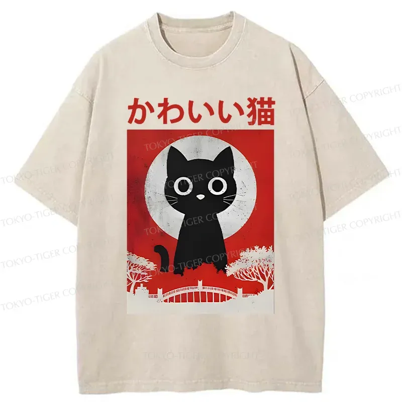 Tokyo-Tiger Cute Retro Cat Washed T-Shirt