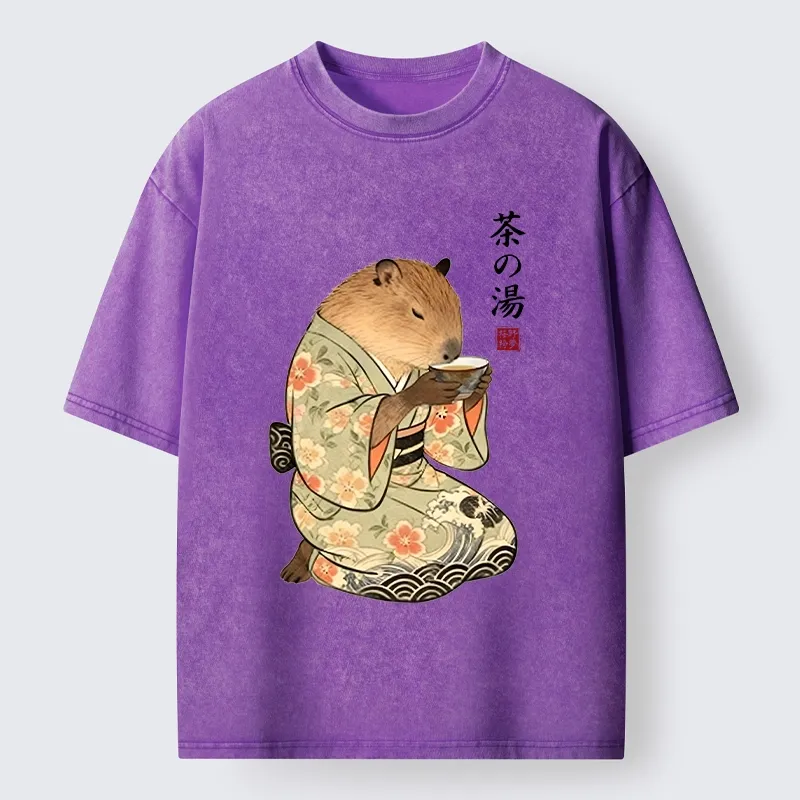 Tokyo-Tiger Capybara Drinking Tea In Kimono Washed T-Shirt