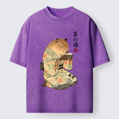 Tokyo-Tiger Capybara Drinking Tea In Kimono Washed T-Shirt