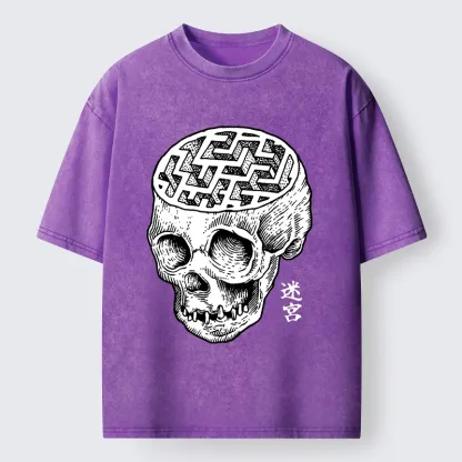 Tokyo-Tiger Skull With Brain Maze Washed T-Shirt