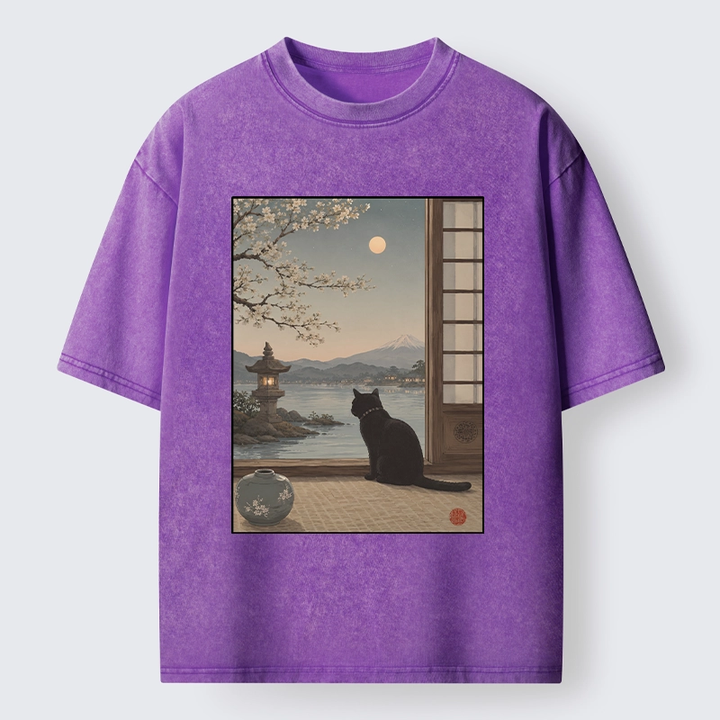Tokyo-Tiger Black Cat Watching Mount Fuji At Night Washed T-Shirt