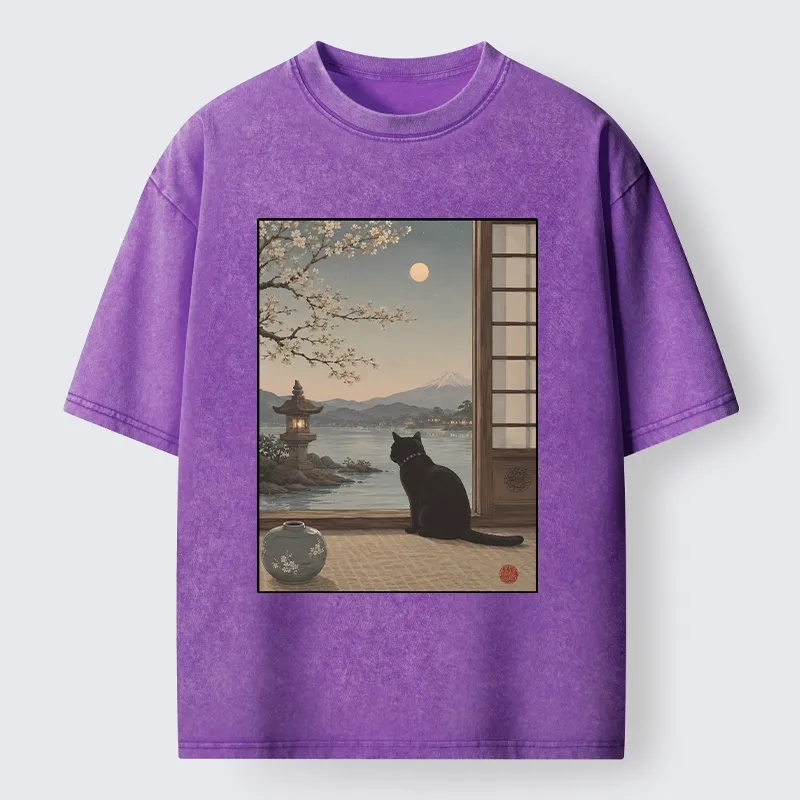 Tokyo-Tiger Black Cat Watching Mount Fuji At Night Washed T-Shirt
