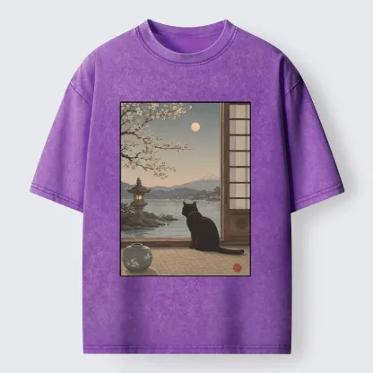 Tokyo-Tiger Black Cat Watching Mount Fuji At Night Washed T-Shirt