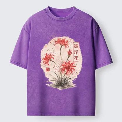 Tokyo-Tiger Red Spider Lily Watercolor Painting Washed T-Shirt