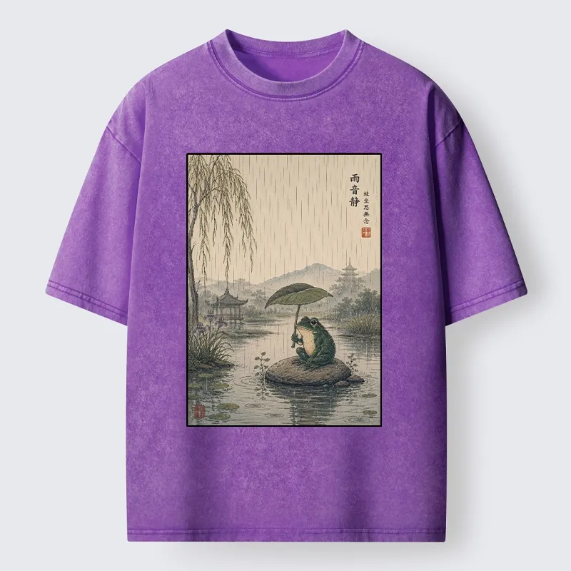 Tokyo-Tiger Frog Holding Lotus Leaf In The Rain Washed T-Shirt