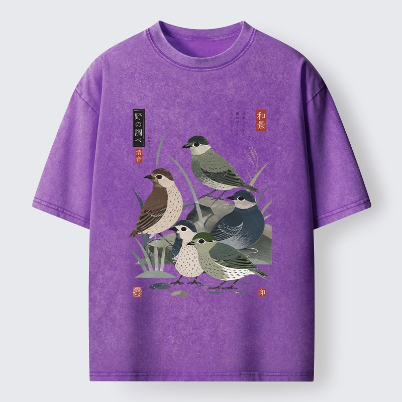 Tokyo-Tiger Cute Little Birds Japanese Folk Print Washed T-Shirt
