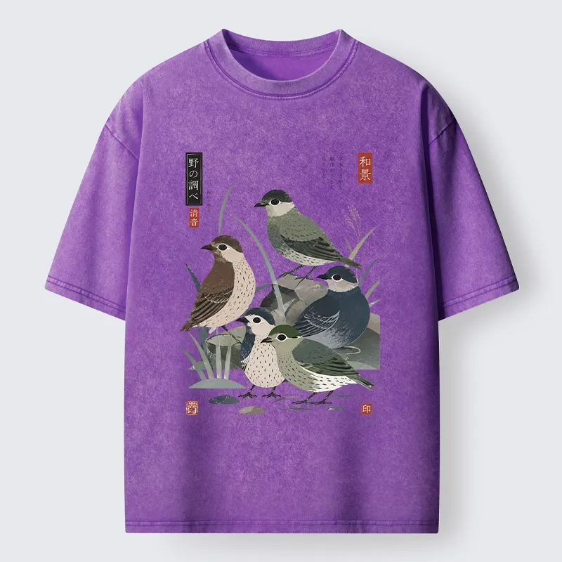 Tokyo-Tiger Cute Little Birds Japanese Folk Print Washed T-Shirt