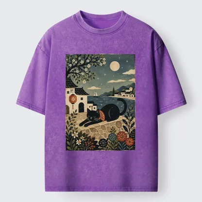 Tokyo-Tiger Sleepy Cat In A Coastal Town Washed T-Shirt