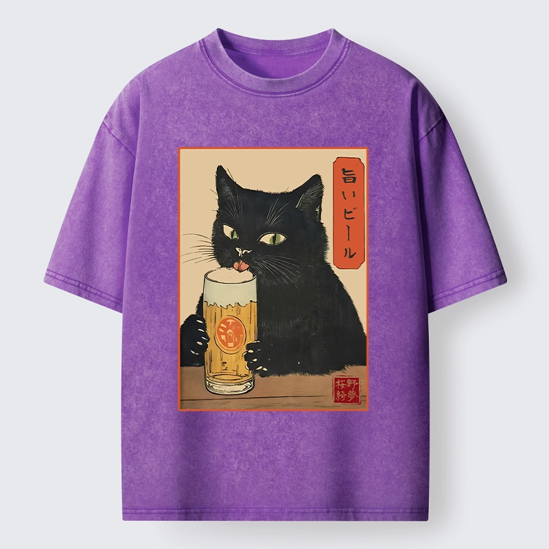 Tokyo-Tiger Cat Holding A Glass Of Beer Washed T-Shirt