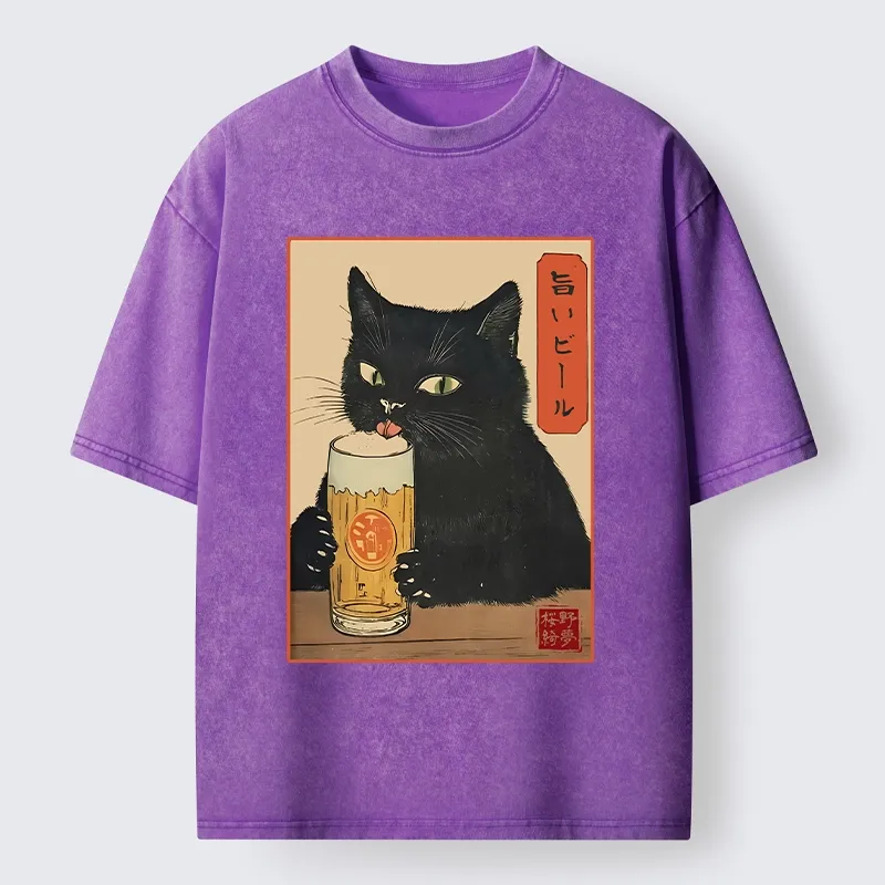Tokyo-Tiger Cat Holding A Glass Of Beer Washed T-Shirt