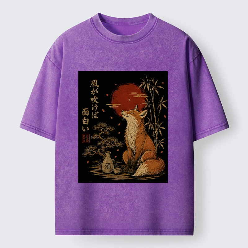 Tokyo-Tiger Zen Fox Enjoying The Night Air Washed T-Shirt