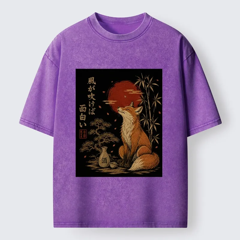 Tokyo-Tiger Zen Fox Enjoying The Night Air Washed T-Shirt