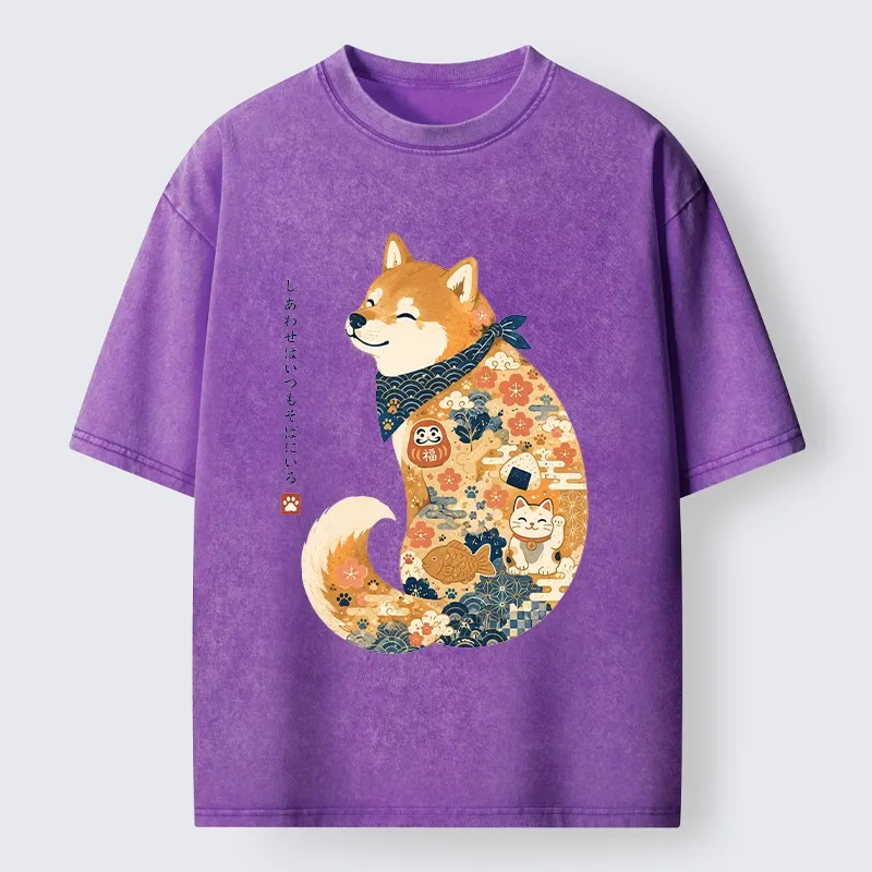 Tokyo-Tiger Cute Shiba Inu Wearing Traditional Kimono Washed T-Shirt Sale
