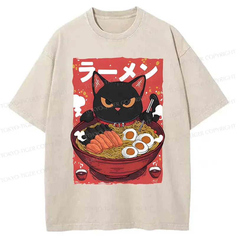 Tokyo-Tiger Black Cat Eating Ramen Washed T-Shirt
