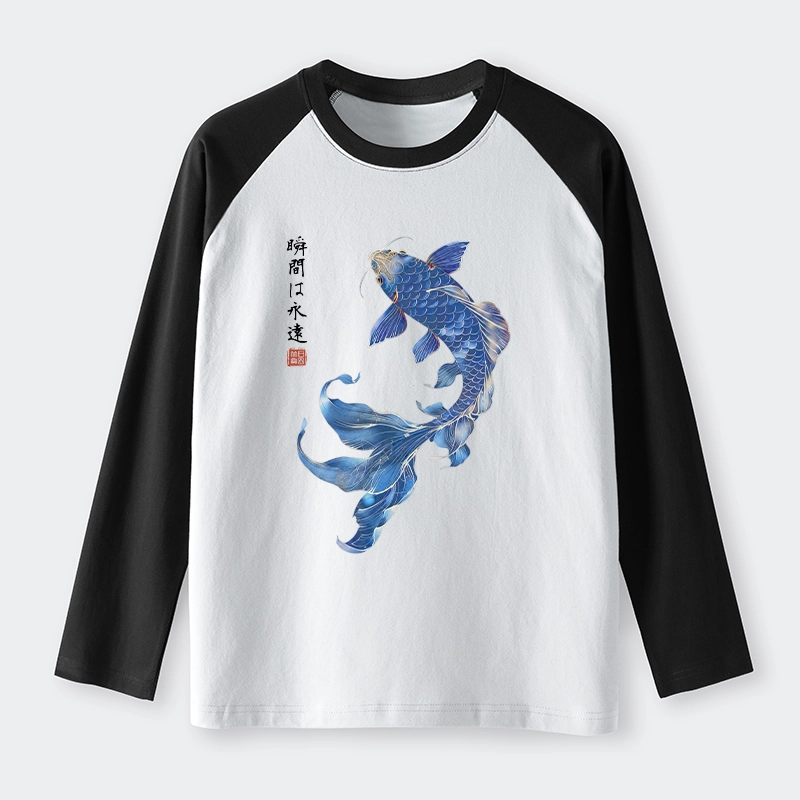 Tokyo-Tiger Lucky Blue Koi Fish Art Raglan Long Sleeve T-shirt