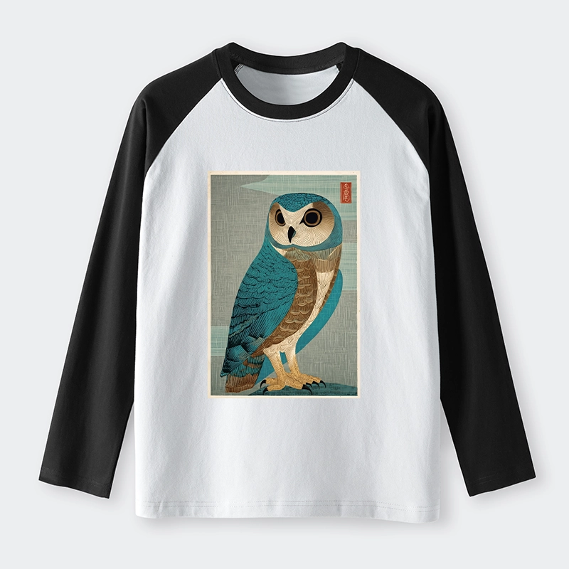 Tokyo-Tiger Vintage Owl Woodblock Art Raglan Long Sleeve T-shirt
