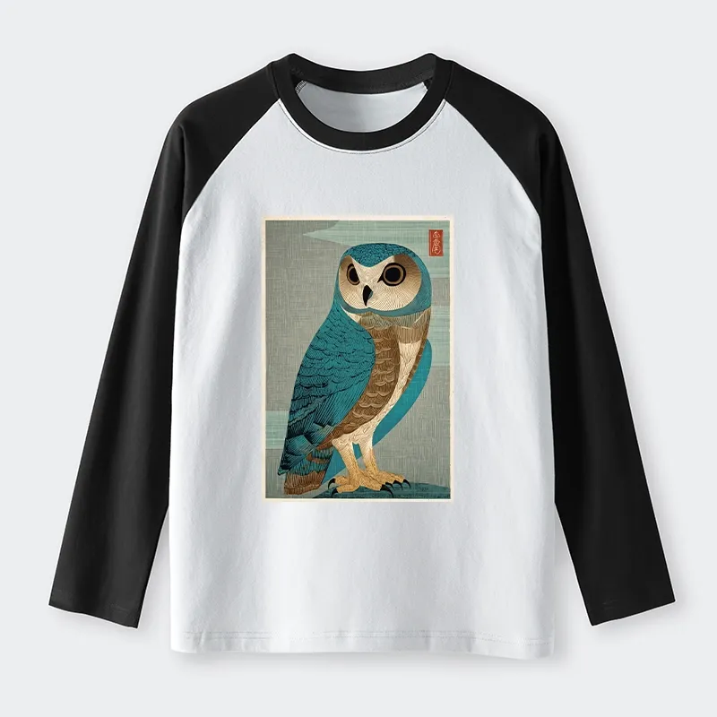 Tokyo-Tiger Vintage Owl Woodblock Art Raglan Long Sleeve T-shirt