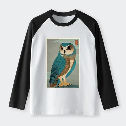 Tokyo-Tiger Vintage Owl Woodblock Art Raglan Long Sleeve T-shirt