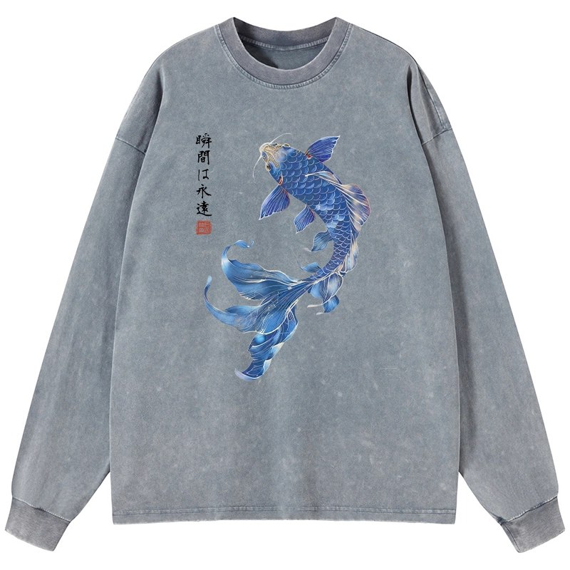 Tokyo-Tiger Lucky Blue Koi Fish Art Washed Long Sleeve T-Shirt