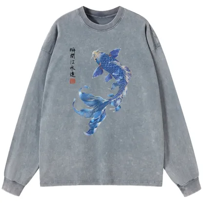 Tokyo-Tiger Lucky Blue Koi Fish Art Washed Long Sleeve T-Shirt