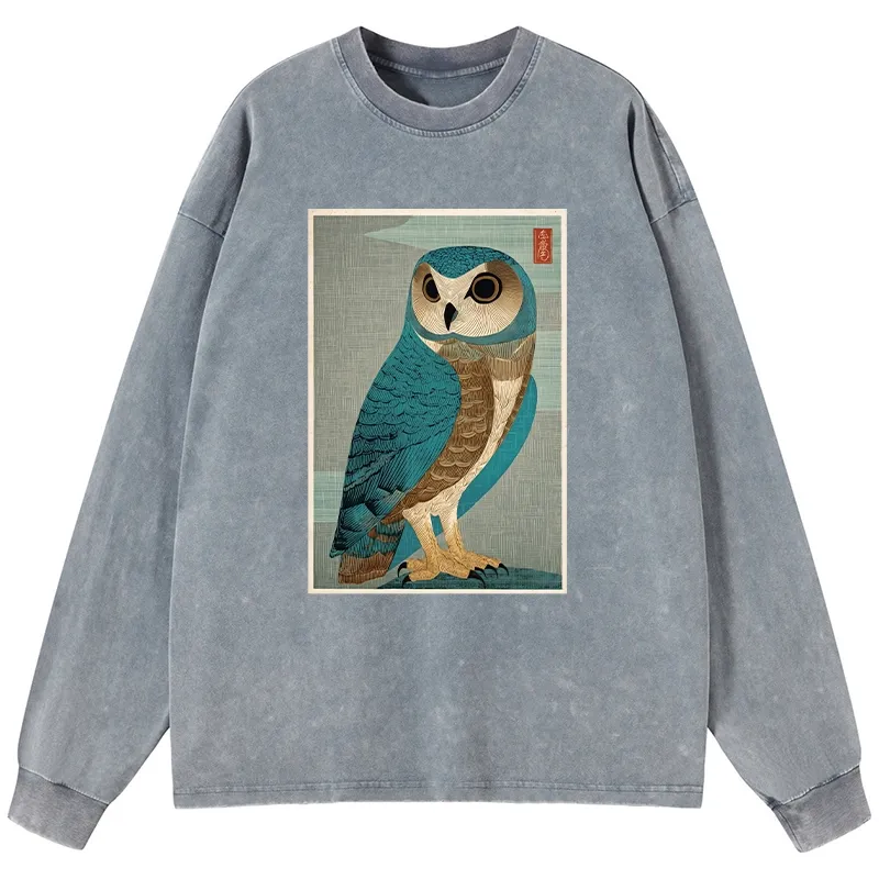 Tokyo-Tiger Vintage Owl Woodblock Art Washed Long Sleeve T-Shirt Sale