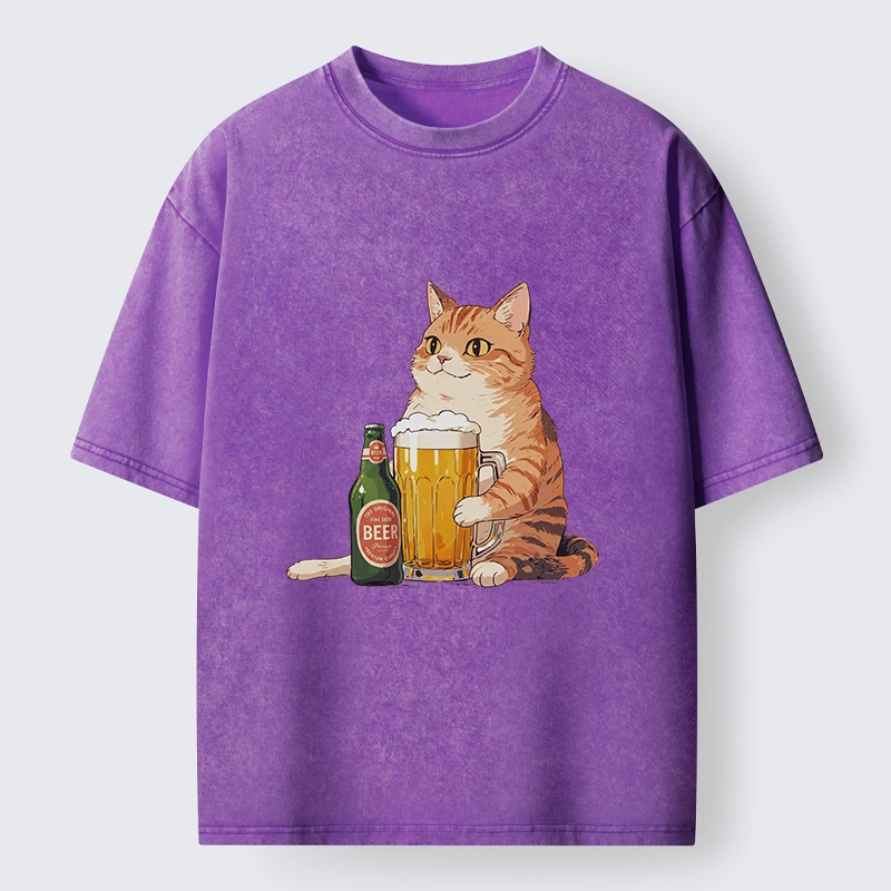 Tokyo-Tiger Funny Beer Cat After Work Washed T-Shirt