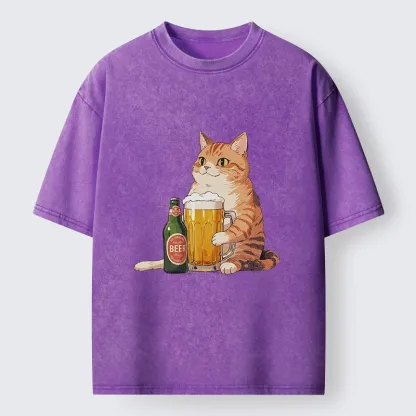 Tokyo-Tiger Funny Beer Cat After Work Washed T-Shirt