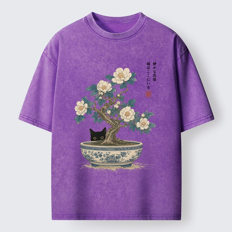 Tokyo-Tiger Black Cat Hiding In The Bonsai Washed T-Shirt
