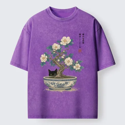 Tokyo-Tiger Black Cat Hiding In The Bonsai Washed T-Shirt