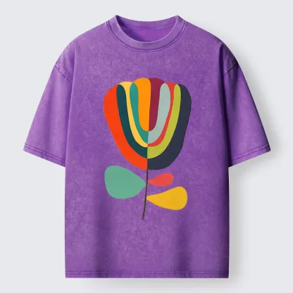 Tokyo-Tiger Colorful Flower Minimalist Print Washed T-Shirt