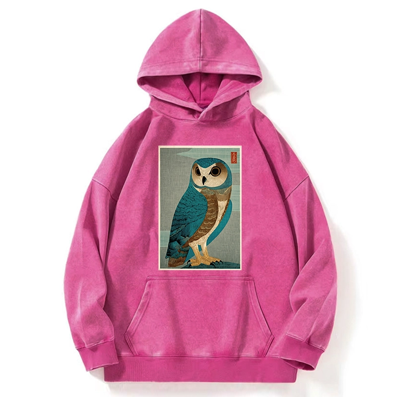 Tokyo-Tiger Vintage Owl Woodblock Art Washed Hoodie