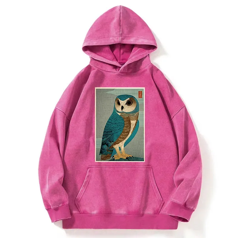 Tokyo-Tiger Vintage Owl Woodblock Art Washed Hoodie