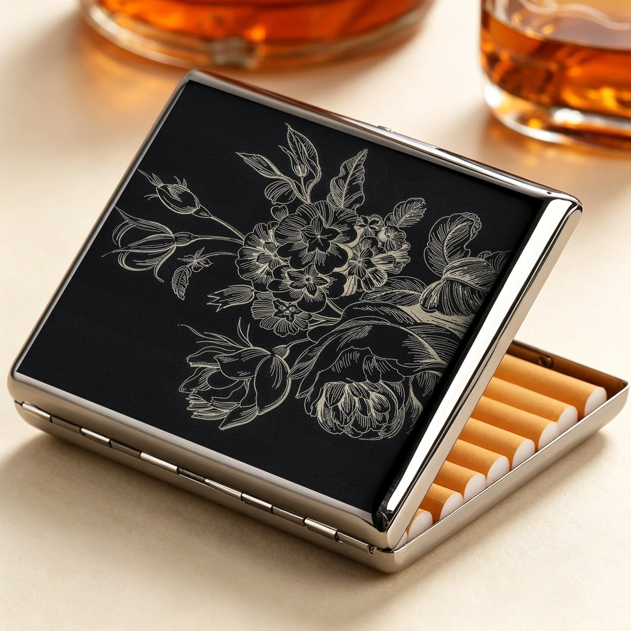 Tokyo-Tiger Monochrome Floral Elegance Cigarette Case
