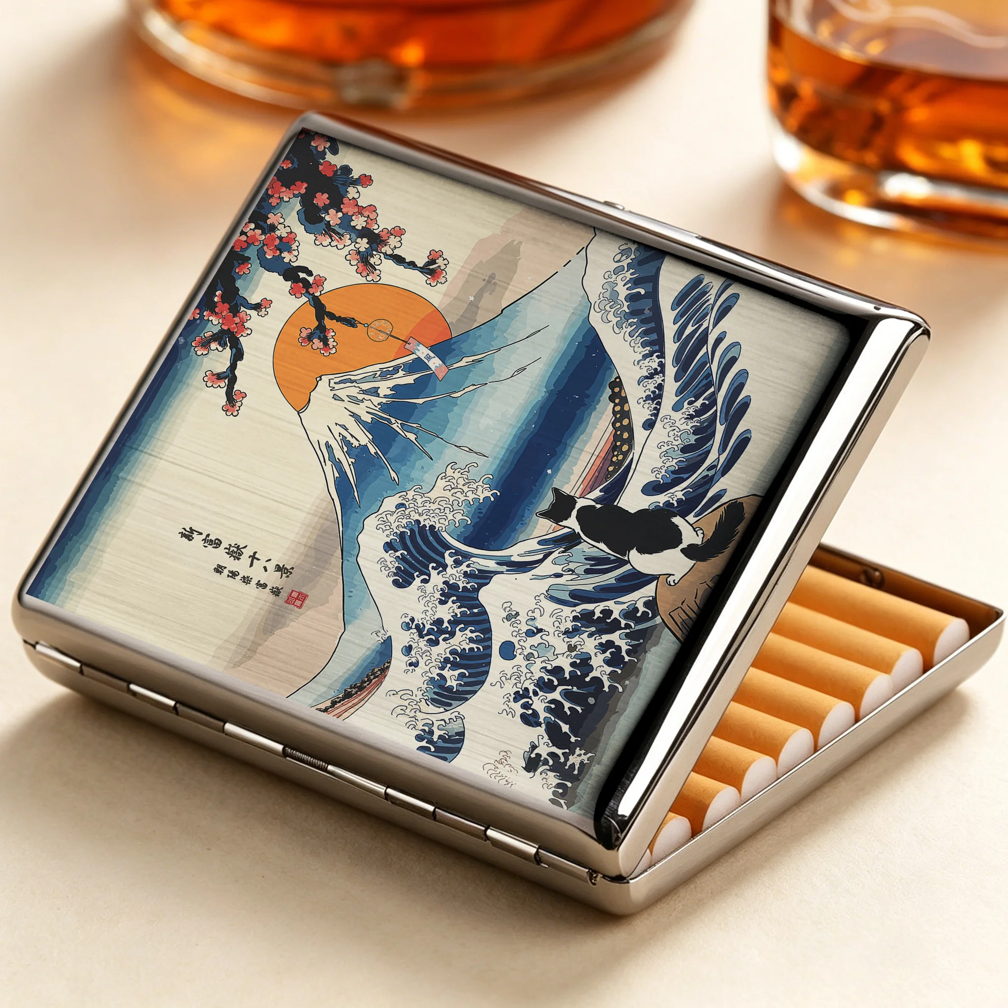 Tokyo-Tiger Cat Looking At The Great Wave Cigarette Case