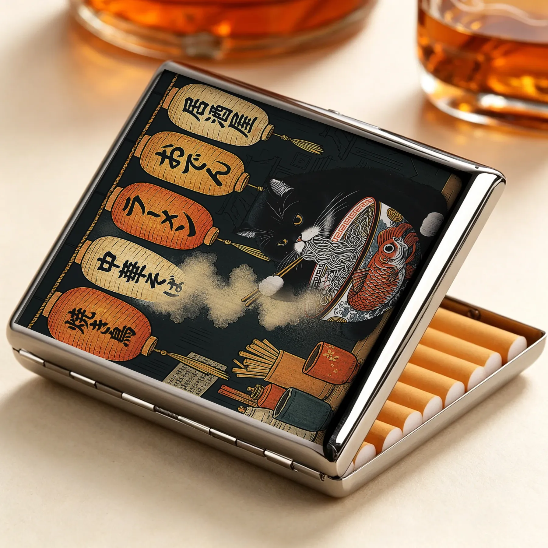 Tokyo-Tiger Fat Cat Eating Ramen Cigarette Case