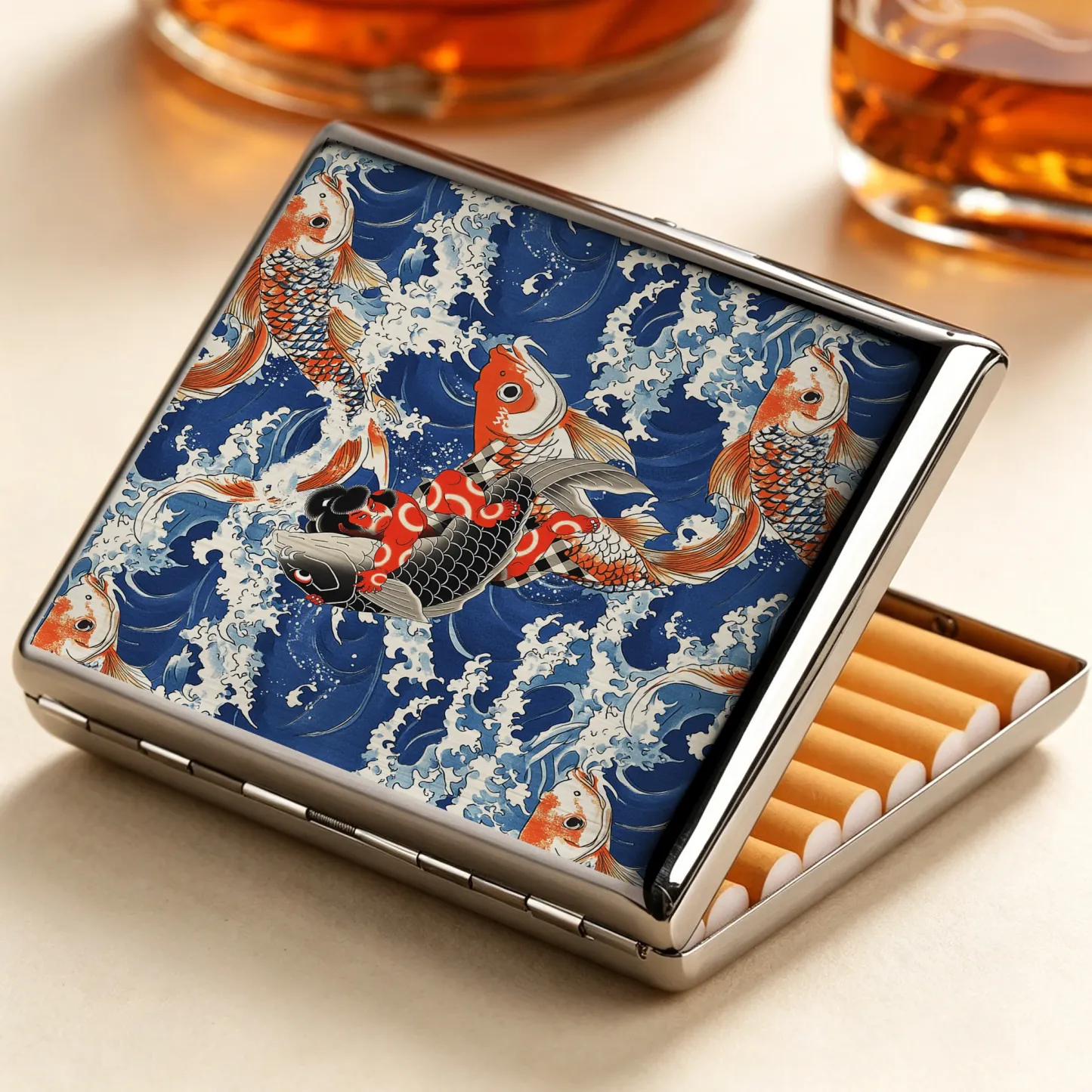 Tokyo-Tiger Sumo Wrestler Holding A Koi Cigarette Case