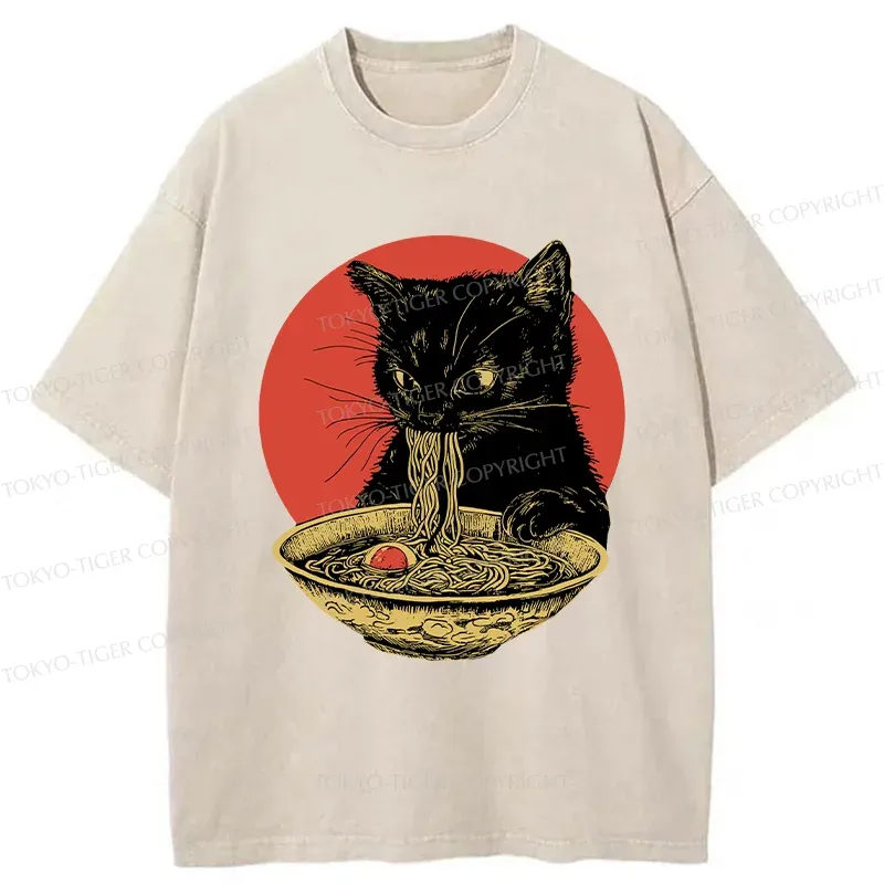 Tokyo-Tiger Retro Black Cat Eating Ramen Washed T-Shirt