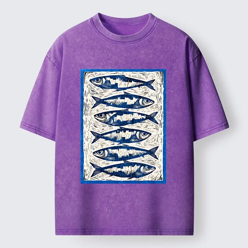 Tokyo-Tiger Vintage Block Print Ocean Fish Washed T-Shirt