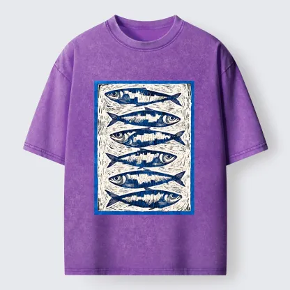 Tokyo-Tiger Vintage Block Print Ocean Fish Washed T-Shirt