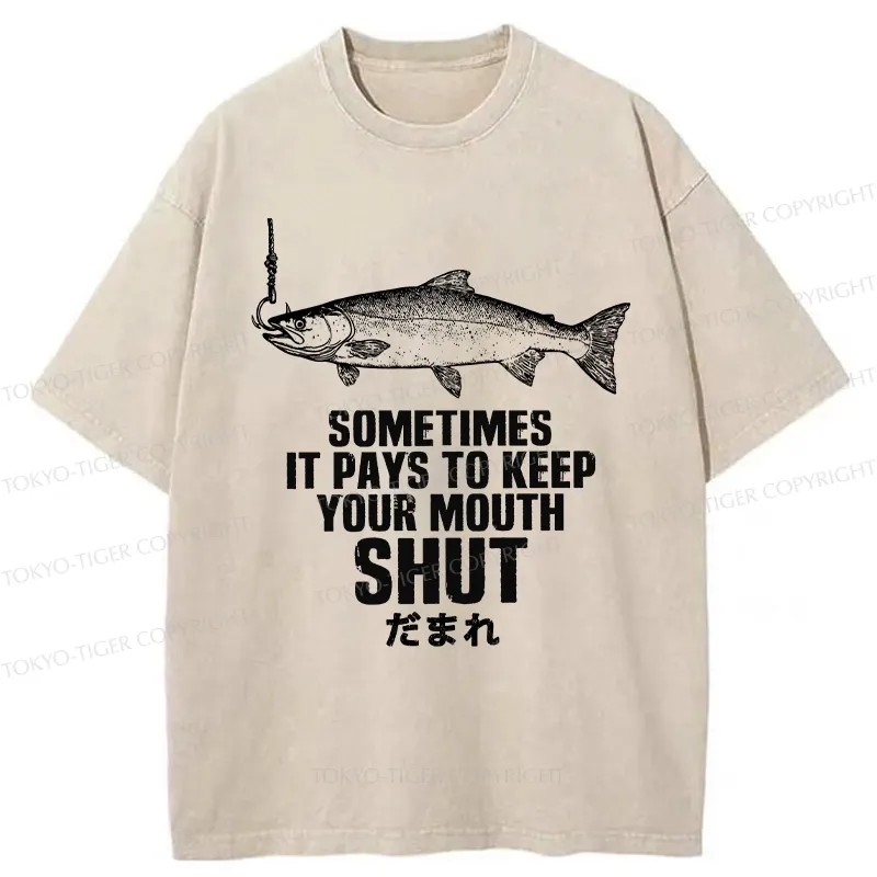 Tokyo-Tiger Funny Fish Shut Up Washed T-Shirt