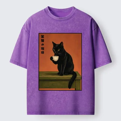 Tokyo-Tiger Retro Art Cat Sips Warm Coffee Washed T-Shirt