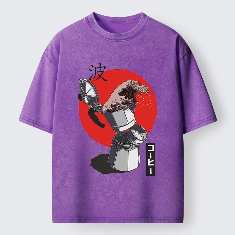 Tokyo-Tiger Coffee Wave Pours From Moka Pot Washed T-Shirt