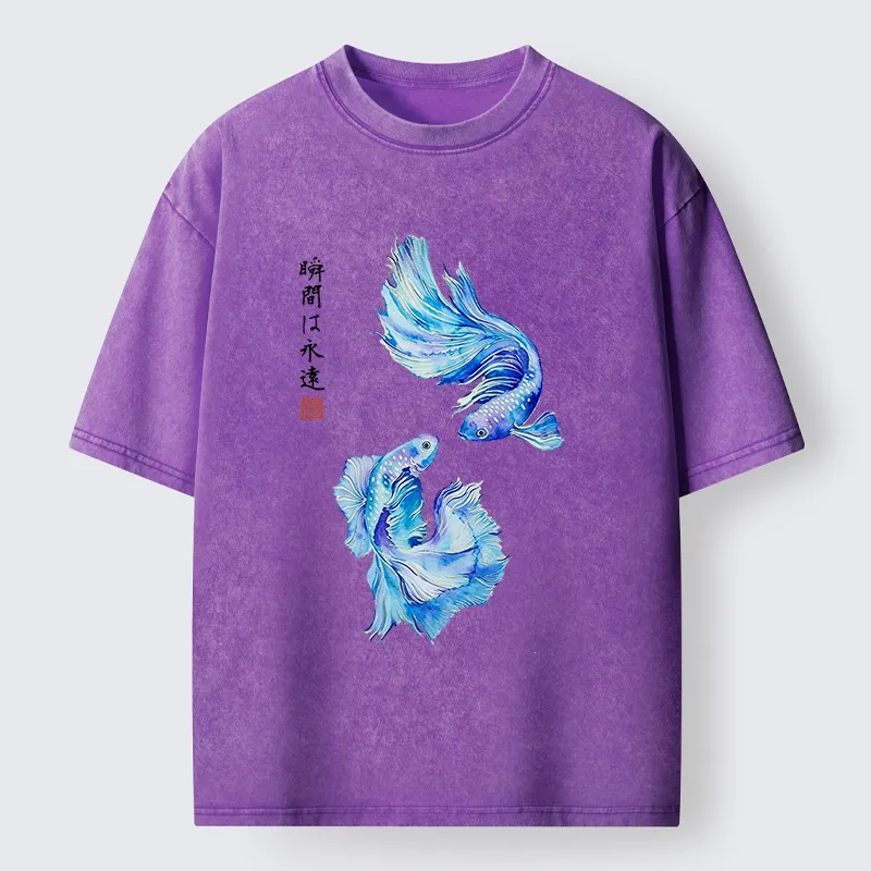 Tokyo-Tiger Japanese Watercolor Pair Betta Fish Washed T-Shirt