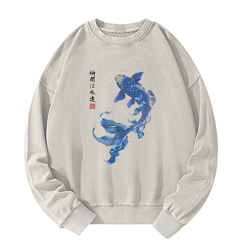 Tokyo-Tiger Lucky Blue Koi Fish Art Washed Sweatshirt Sale
