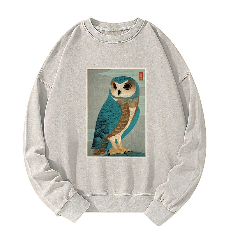 Tokyo-Tiger Vintage Owl Woodblock Art Washed Sweatshirt