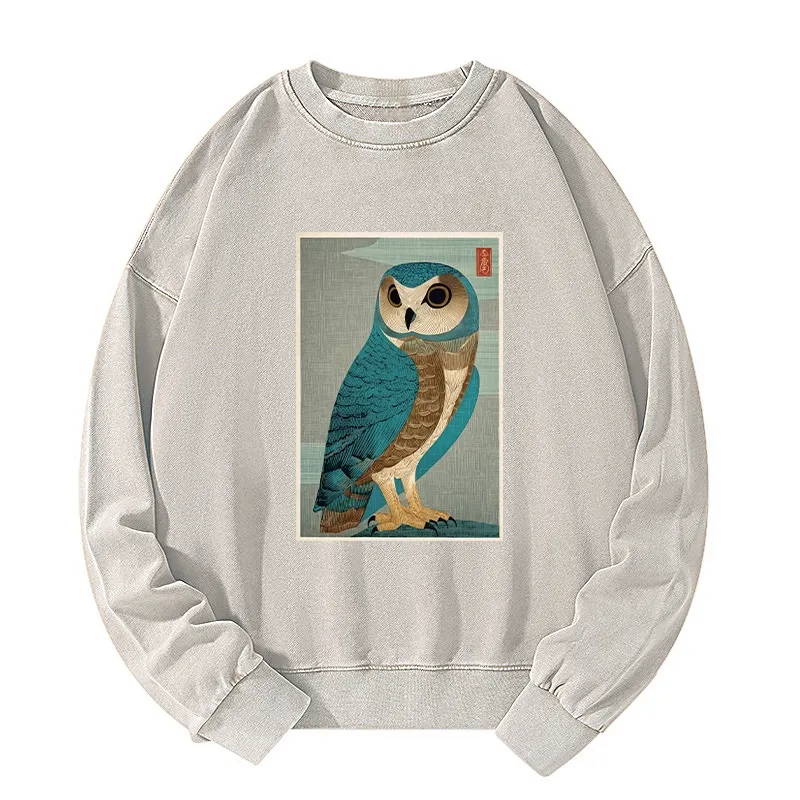 Tokyo-Tiger Vintage Owl Woodblock Art Washed Sweatshirt Sale