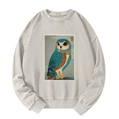 Tokyo-Tiger Vintage Owl Woodblock Art Washed Sweatshirt